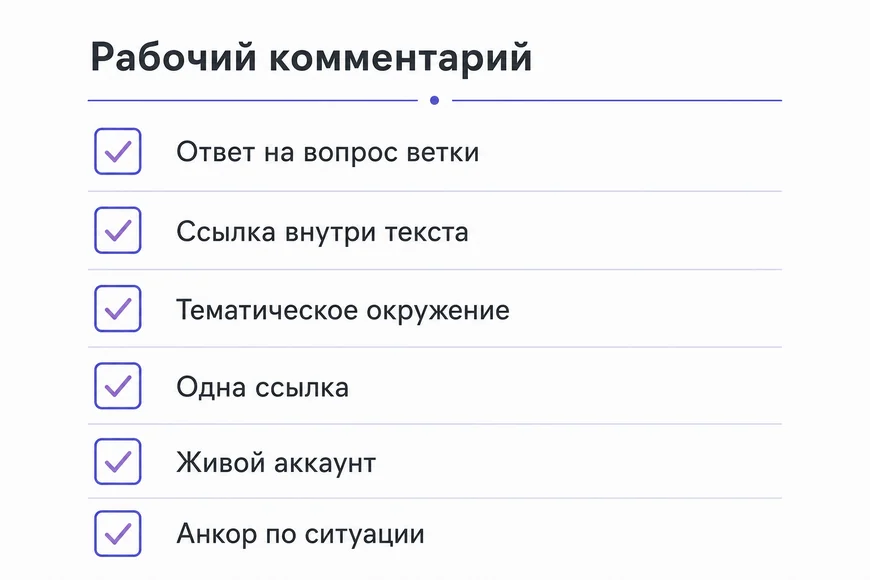 Признаки рабочего крауд-комментария: ответ на вопрос ветки, ссылка внутри текста, тематическое окружение, одна ссылка, живой аккаунт, анкор по ситуации