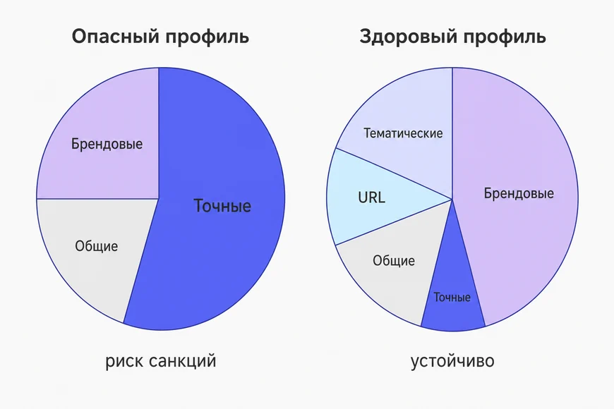 Сравнение двух анкор-профилей: с переспамом точными вхождениями и здоровый с преобладанием брендовых анкоров