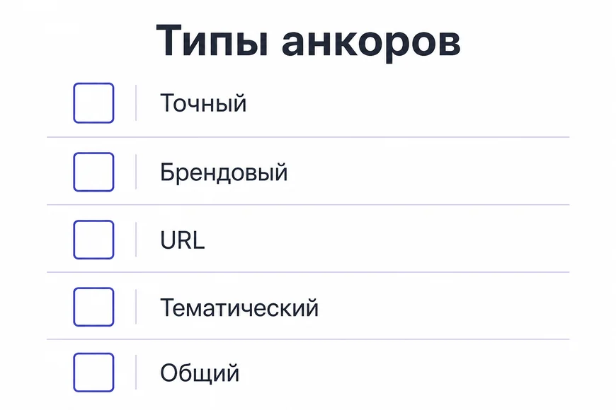 Пять типов анкоров Пять типов анкоров: точный, брендовый, URL, тематический, общий