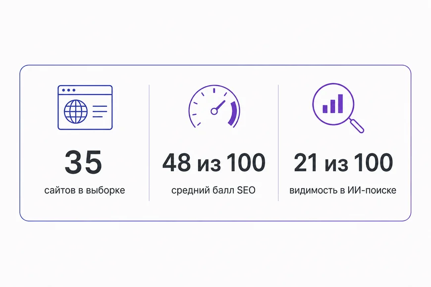 Главные цифры исследования Сводка исследования: 35 сайтов, средний балл SEO 48 из 100, видимость в ИИ-поиске 21 из 100