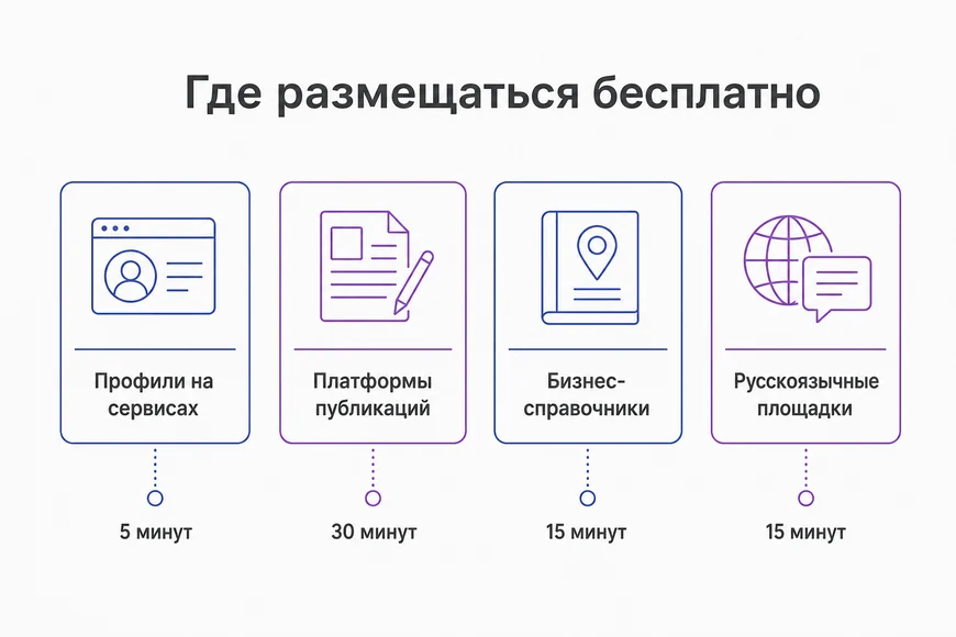 Четыре группы бесплатных площадок Четыре группы бесплатных площадок: профили на сервисах, платформы публикаций, бизнес-справочники, русскоязычные площадки