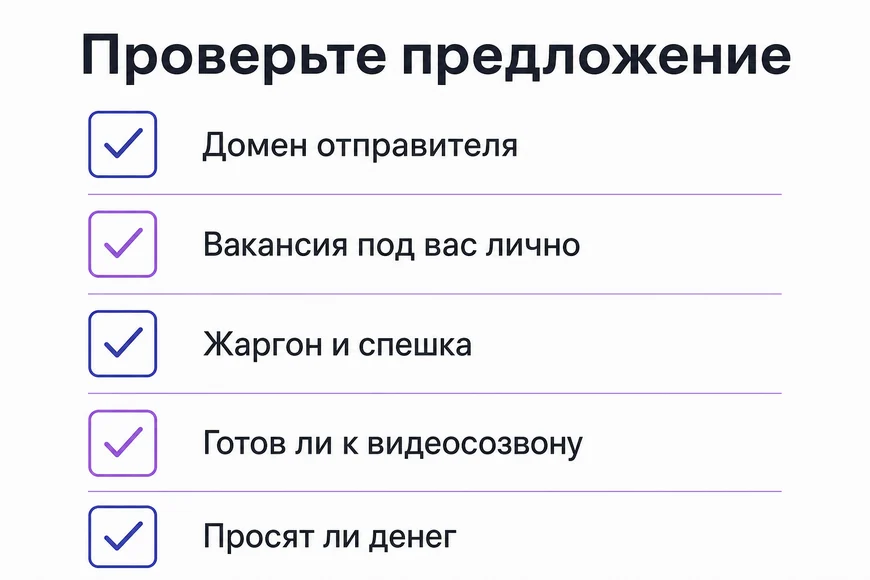 Пять проверок перед ответом Чек-лист соискателя: домен отправителя, сверхперсонализация, жаргон и спешка, видеосозвон, просьба денег