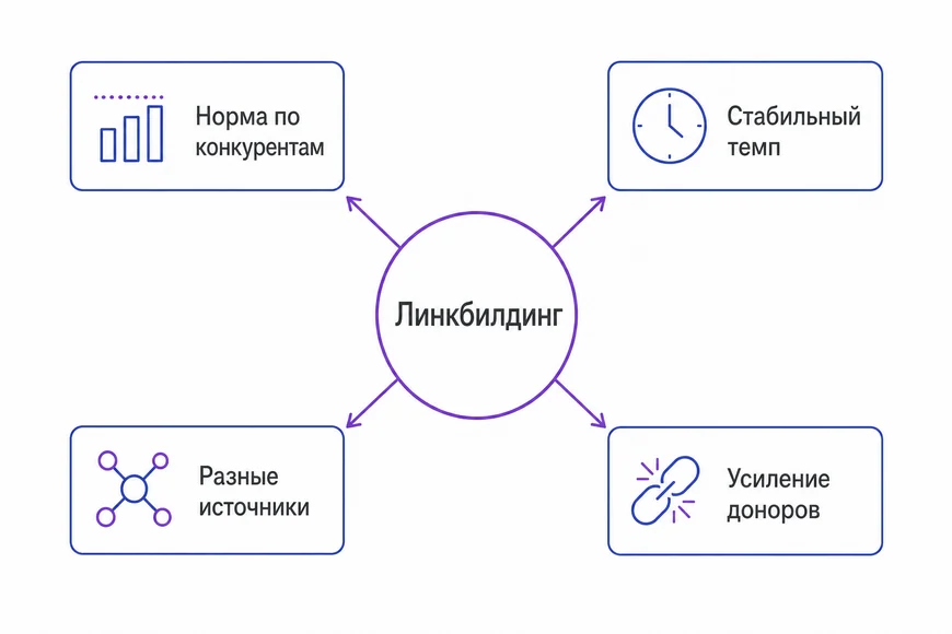 Четыре составляющие линкбилдинга: расчёт нормы по конкурентам, стабильный темп, разнообразие источников и усиление купленных ссылок