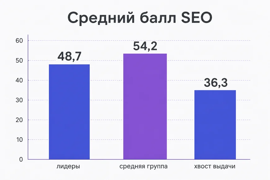 Средний балл по группам позиций Столбчатая диаграмма: средний балл SEO по группам — 48,7 у лидеров, 54,2 в средней группе, 36,3 в хвосте выдачи
