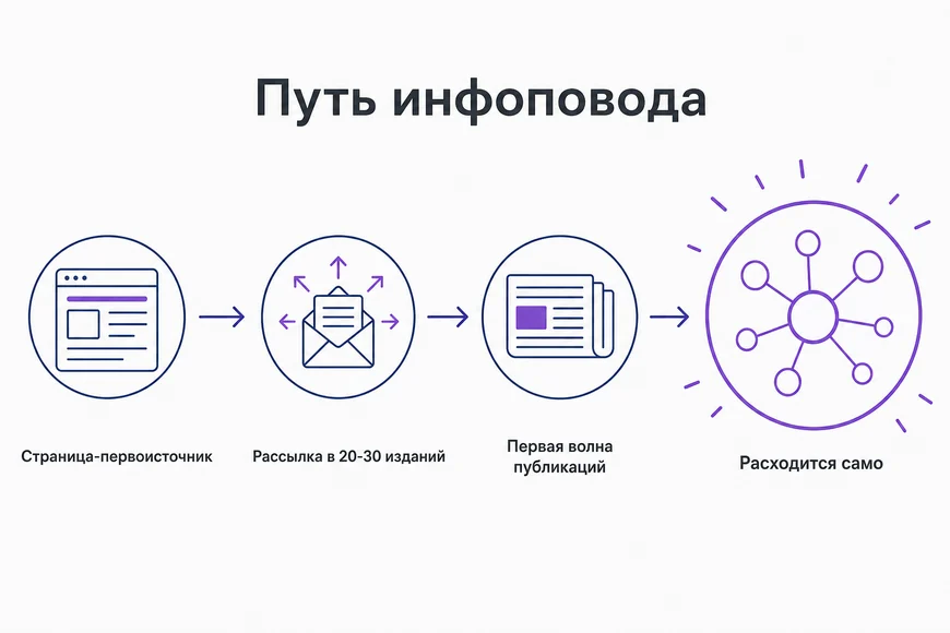 Путь инфоповода: страница-первоисточник, рассылка в 20-30 изданий, первая волна публикаций, органическое распространение