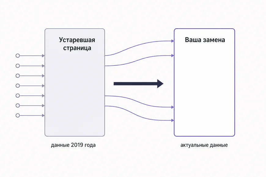 Как работает перехват ссылок Схема перехвата: устаревшая страница с множеством входящих ссылок и ваша актуальная замена, на которую переходят доноры