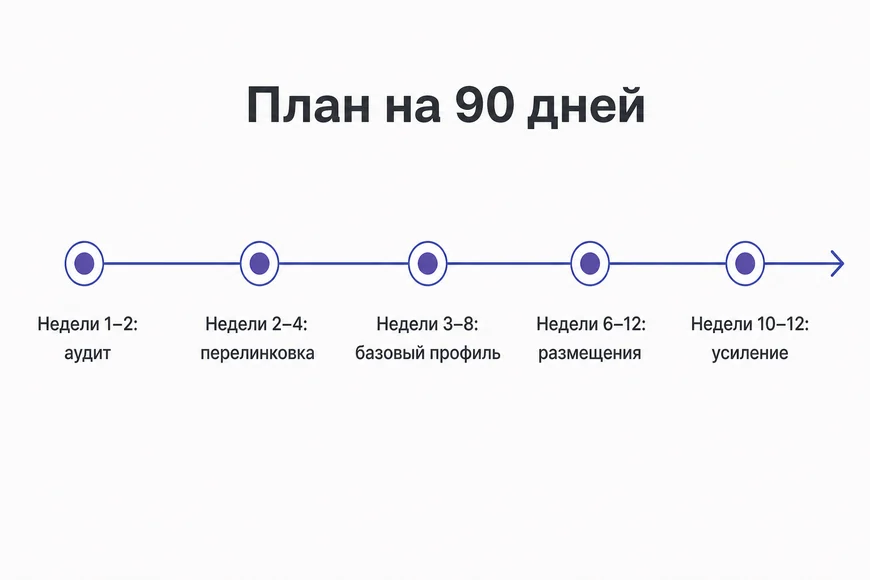 Таймлайн линкбилдинга на 90 дней: аудит, внутренняя перелинковка, базовый профиль, качественные размещения, усиление