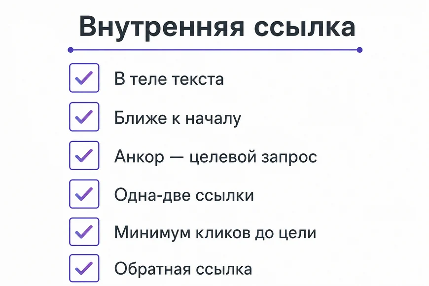 Правила внутренней ссылки: в теле текста, ближе к началу, нужный анкор, одна-две ссылки, минимум кликов, обратная ссылка