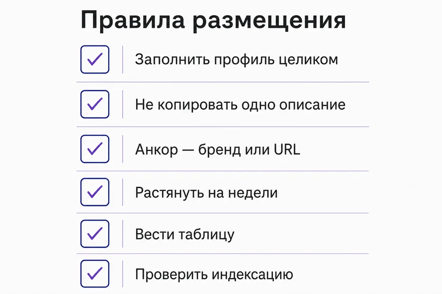 Как размещаться, чтобы это работало Шесть правил размещения: заполнить профиль целиком, не копировать описание, брендовый анкор, растянуть во времени, вести таблицу, проверить индексацию