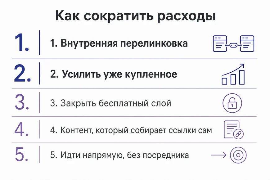 Пять способов сократить бюджет Пять способов сократить бюджет на ссылки: внутренняя перелинковка, усиление купленного, бесплатные площадки, линкабельный контент, работа напрямую