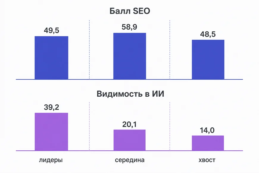 Видимость в ИИ падает, балл SEO — нет Диаграмма: видимость в ИИ падает по группам — 39,2, 20,1 и 14,0, тогда как балл SEO остаётся почти ровным