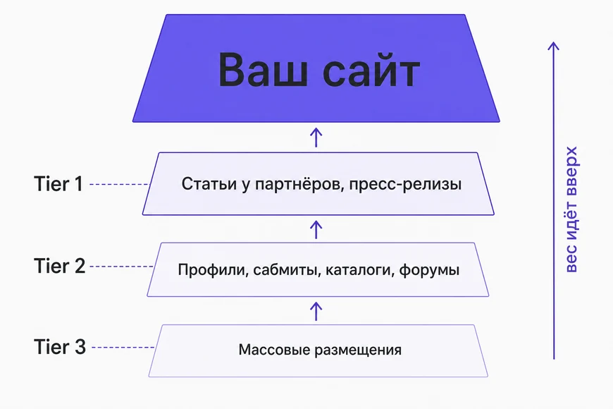 Схема многоуровневого линкбилдинга Tier 1–2–3 Схема многоуровневого линкбилдинга: Tier 3 усиливает Tier 2, Tier 2 усиливает Tier 1, Tier 1 ведёт на продвигаемую страницу сайта