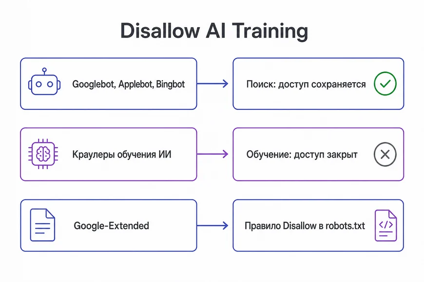 Что делает Disallow AI Training Схема настройки Disallow AI Training: поисковые краулеры сохраняют доступ, краулеры обучения ИИ блокируются