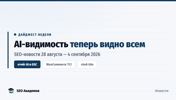 SEO-новости 28 августа — 4 сентября 2026: отчёт AI-видимости, WooCommerce 11.1 и сбой GA4