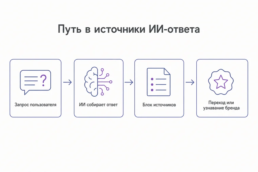 Путь страницы в блок источников ИИ-ответа: запрос, ответ, список источников