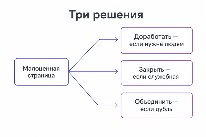 Что делать с малоценными страницами: доработать, закрыть, объединить