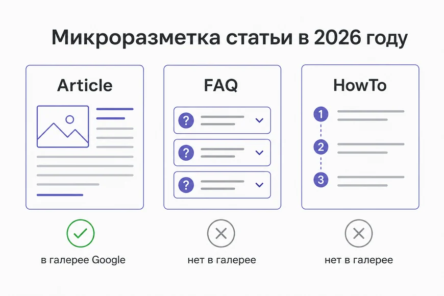 Article, FAQ и HowTo в 2026 году Три типа микроразметки для статей и их статус в Google в 2026 году
