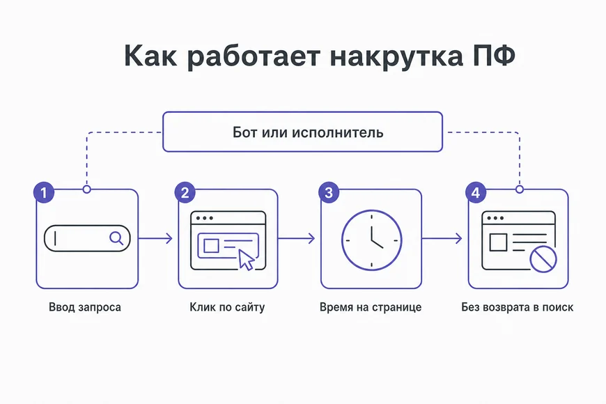 Схема накрутки ПФ Как устроена накрутка поведенческих факторов: запрос, клик, время, без возврата
