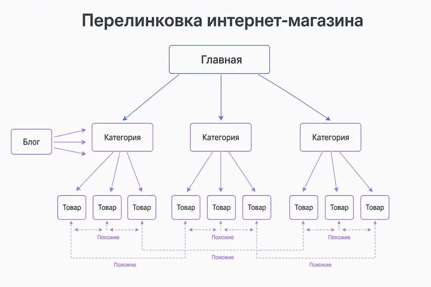 Схема перелинковки интернет-магазина: главная, категории, карточки, блог