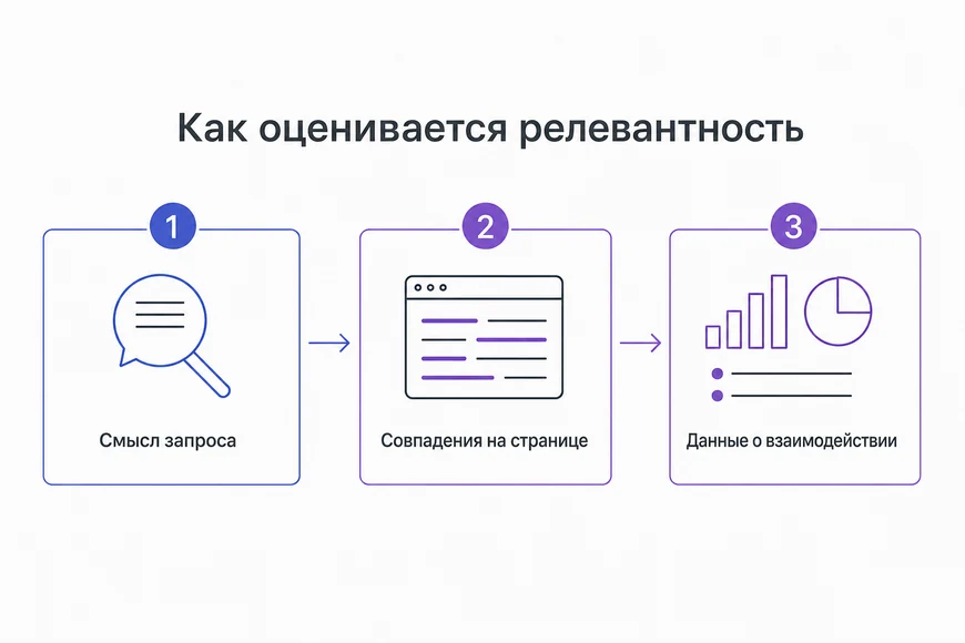 Как Google оценивает релевантность Три шага оценки релевантности в Google: смысл запроса, совпадения, данные
