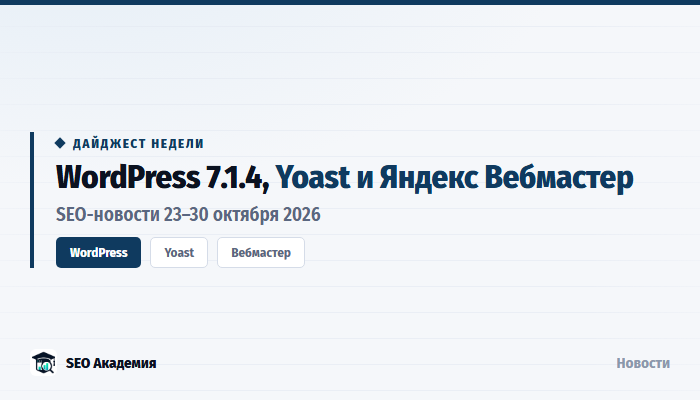 SEO-новости 23–30 октября 2026: WordPress 7.1.4, права ИИ-агентов в Yoast и восстановление Яндекс Вебмастера