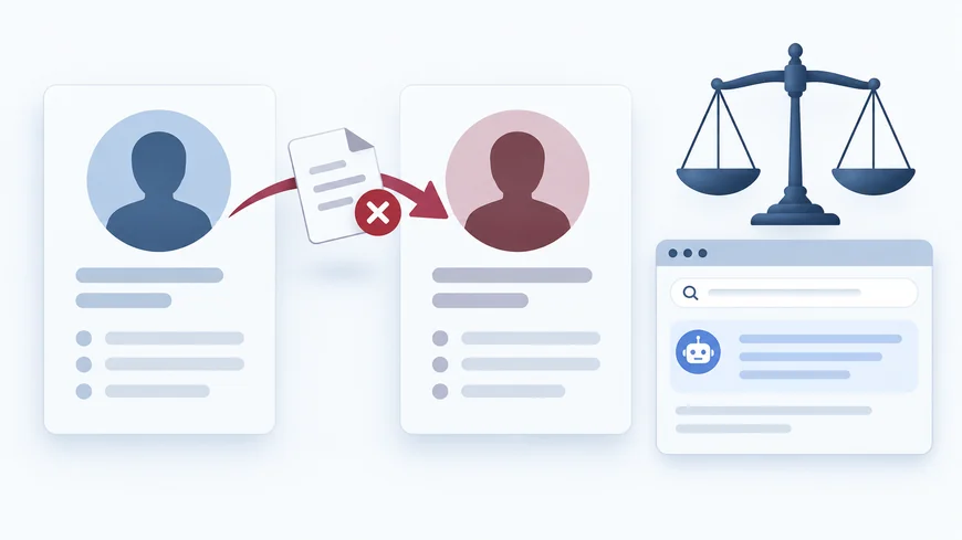 ИИ-ответы Google в суде Две похожие карточки людей, между которыми ошибочно перенесён факт, и символ суда