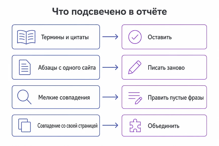 Четыре ситуации после проверки уникальности текста и действие в каждой